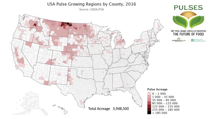 USA Pulse Growing Regions by County, 2016. Showing most growing occuring in the midwest; Montana and North Dakota, with some in Nebraska, Washington, Idaho, Wyoming and various small regions across the country. Total acreage: 3,948,500.
