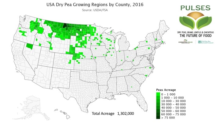 Map showing USA Dry Pea Growing Regions by County, 2016; covering nearly all Montana and North Dakota, south-east Washington and north-east Idaho, parts of Minnesota, South Dakota, Nebraska, Kansas, as well as other small parts of the country. Total Acreage: 1,302,000